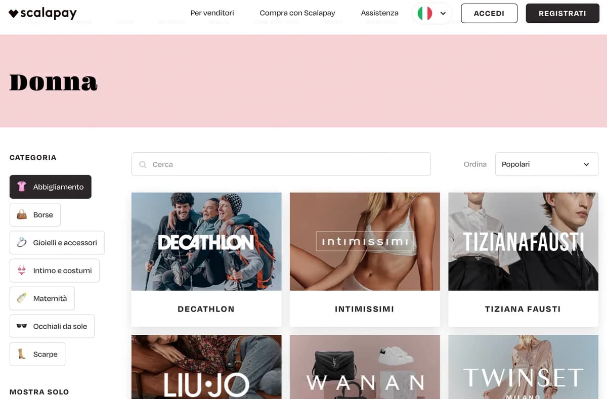 Scalapay merchant directory with emoji category filters